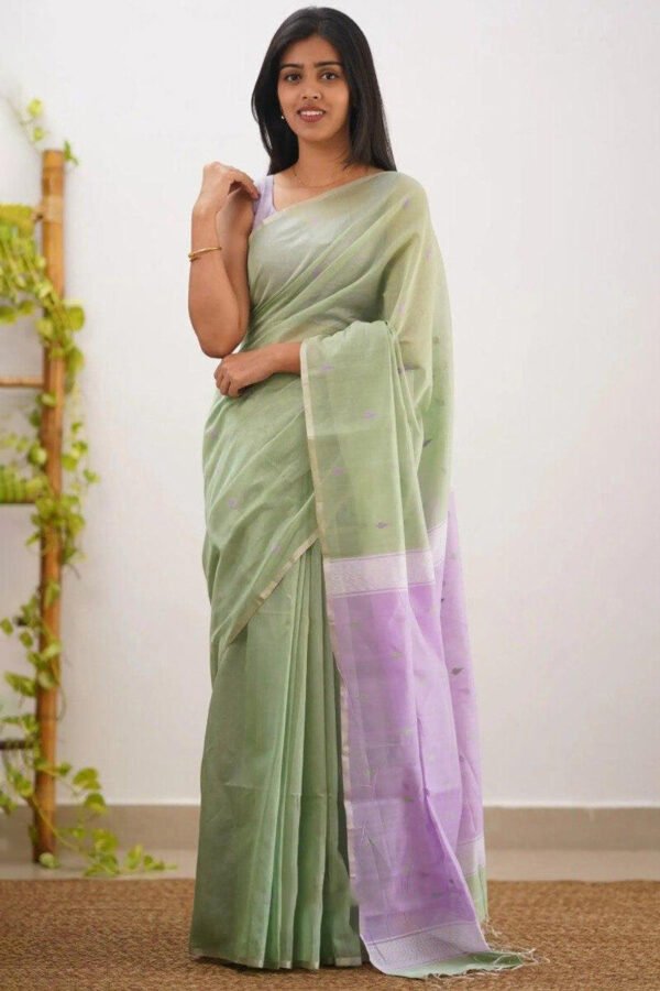 Artistic Pista Cotton Silk Saree With Tantalizing Blouse Piece