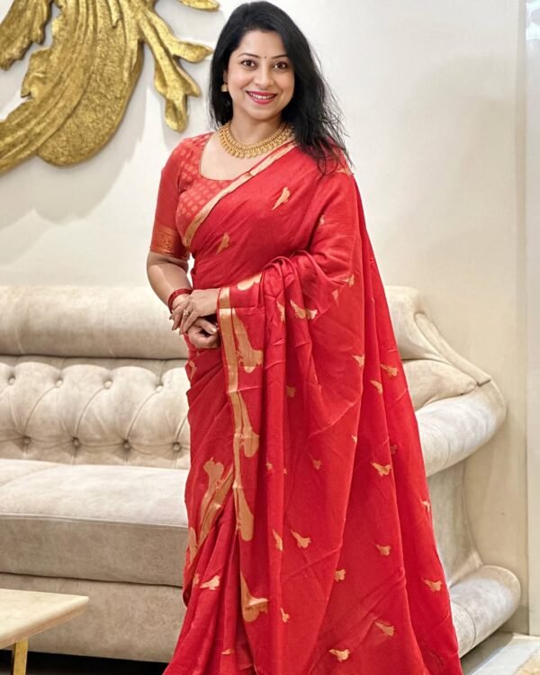 Ephemeral Red Soft Silk Saree With Desiring Blouse Piece