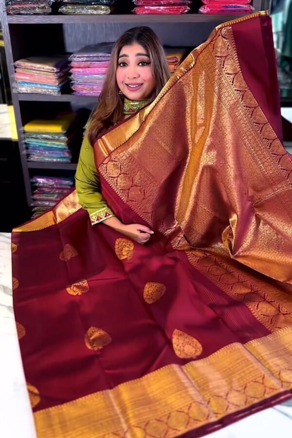 Serendipity Wine Soft Banarasi Silk Saree With Beguiling Blouse Piece