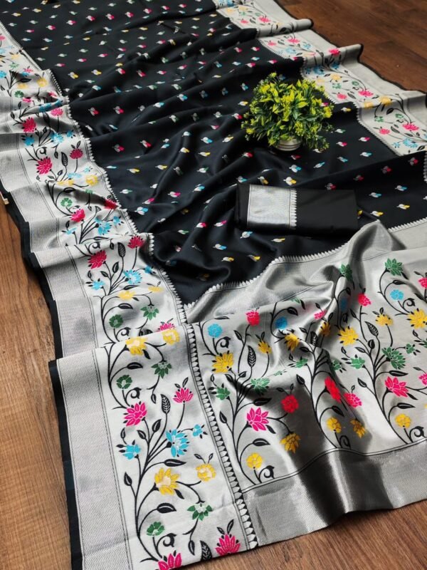 Smart Black Paithani Silk Saree With Lovely Blouse Piece
