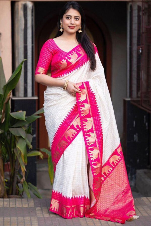 Cynosure Off White Soft Silk Saree With Prominent Blouse Piece