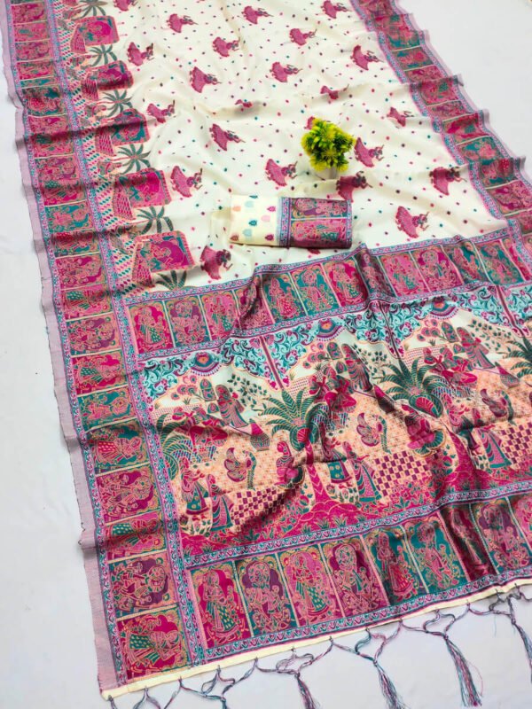 Quixotic Beige Pashmina Saree With Enamoring Blouse Piece