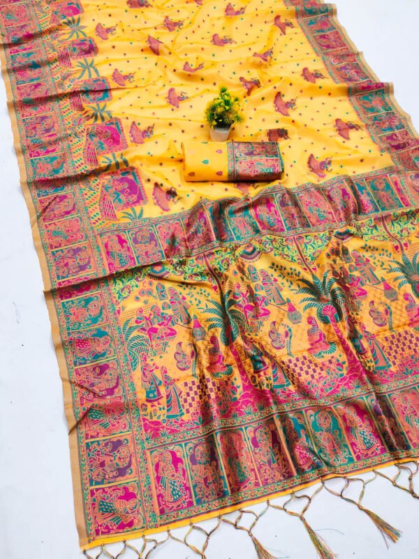 Desirable Yellow Pashmina Saree With Susurrous Blouse Piece
