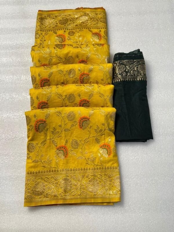 Palimpsest Yellow Soft Banarasi Silk Saree With Exquisite Blouse Piece