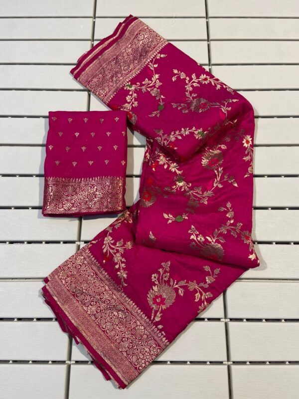 Engaging Dark Pink Soft Banarasi Silk Saree With Serendipity Blouse Piece