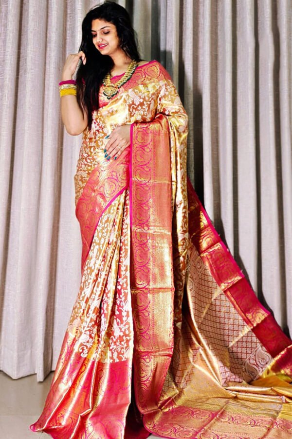 Jubilant Dark Pink Kanjivaram Silk Saree With Exceptional Blouse Piece