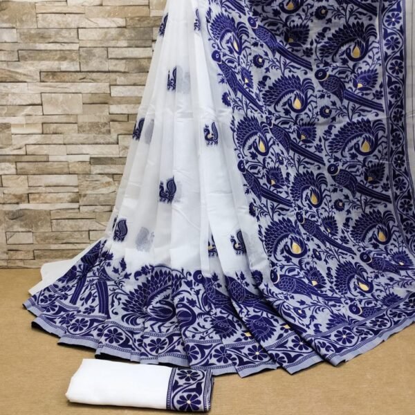 White and Navy Blue Maheshawari Cotton Silk Saree