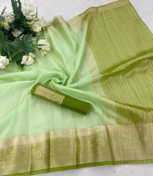 Snazzy Pista Orgenza Silk Saree With Conflate Blouse Piece