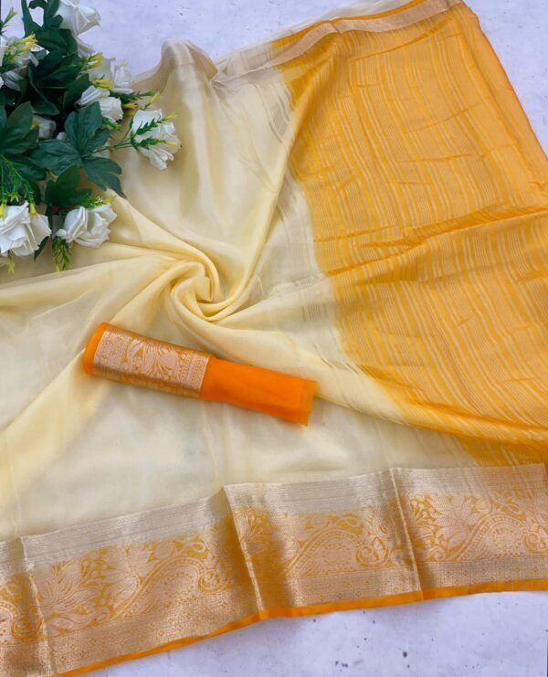 Fragrant White and Orange Orgenza Silk Saree With Fragrant Blouse Piece