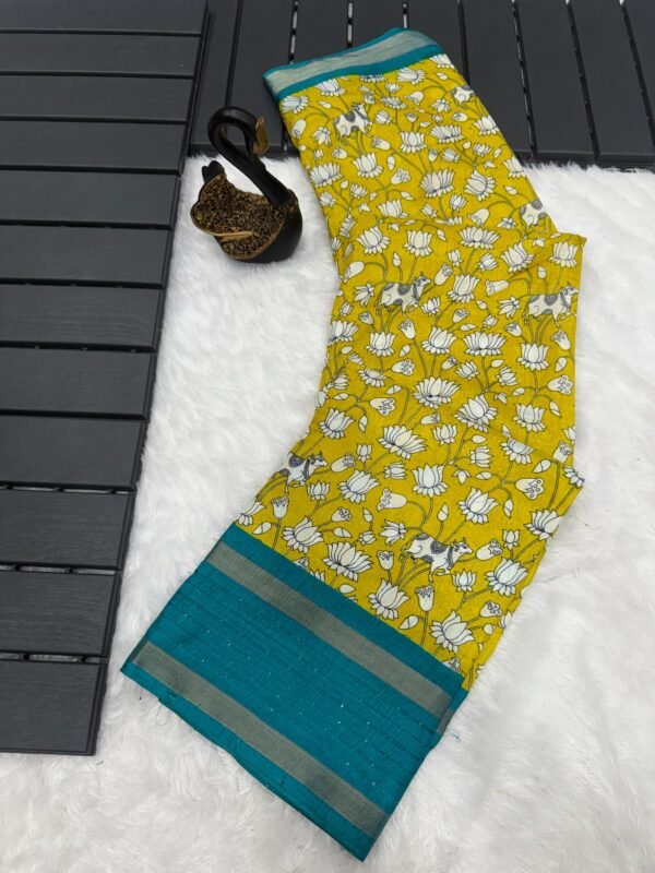 Panache Mustard Digital Printed Dola Silk Saree With Radiant Blouse Piece