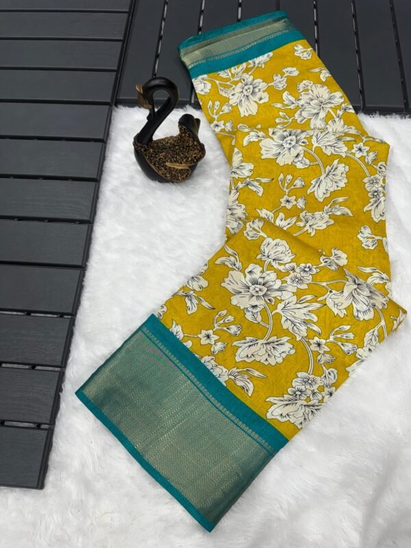 Enthralling Mustard Digital Printed Dola Silk Saree With Ornate Blouse Piece