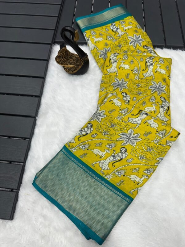 Majestic Mustard Digital Printed Dola Silk Saree With Jubilant Blouse Piece