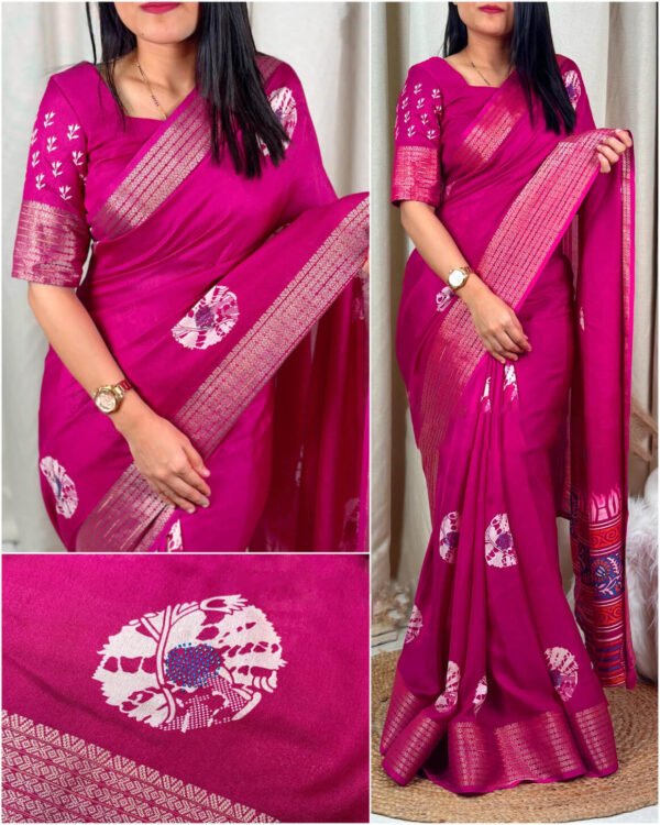 Smashing Dark Pink Digital Printed Dola Silk Saree With Fragrant Blouse Piece