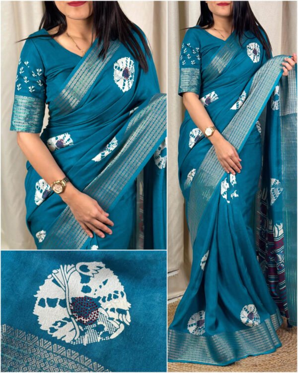 Resonant Firozi Digital Printed Dola Silk Saree With Ethereal Blouse Piece