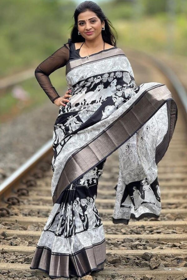 Moiety Off White Digital Printed Soft Silk Saree With Denouement Blouse Piece