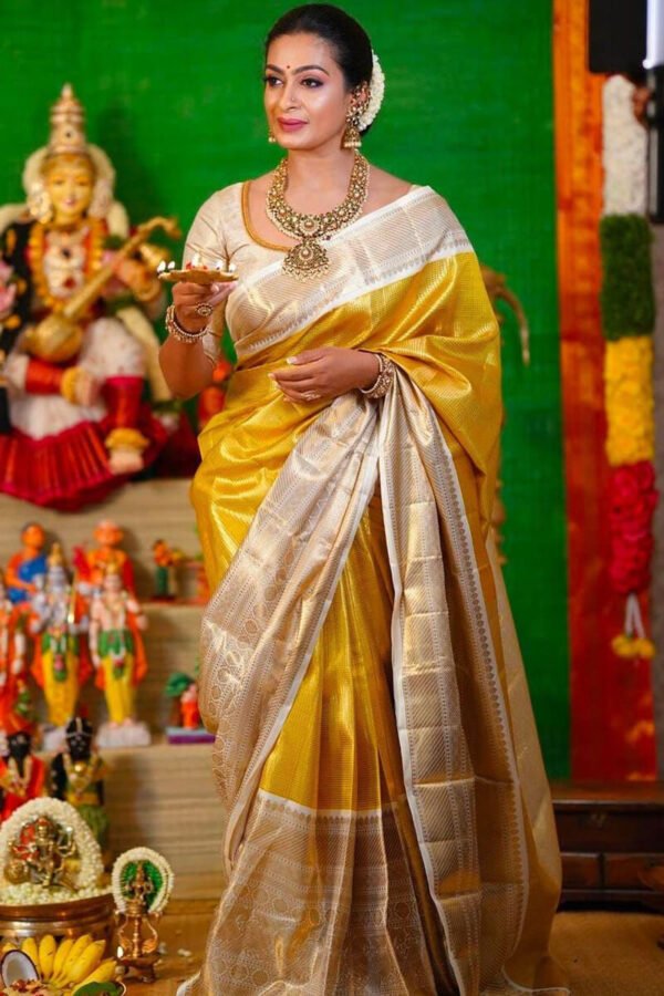 Trendy Yellow Kanjivaram Silk Saree With Phenomenal Blouse Piece