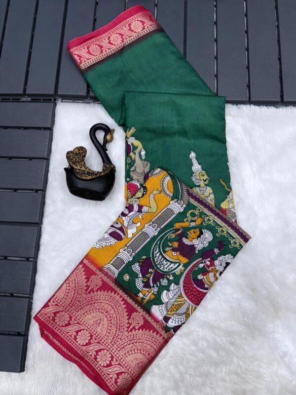 Assemblage Dark Green Digital Printed Dola Silk Saree With Cynosure Blouse Piece