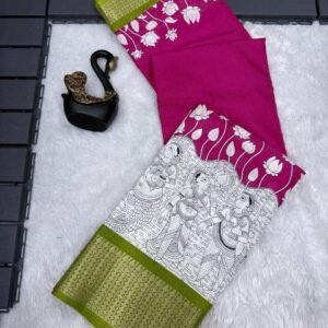 Zephyr Dark Pink Digital Printed Dola Silk Saree With Rhapsody Blouse Piece