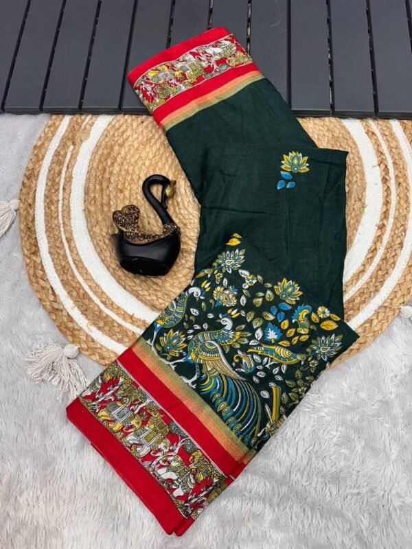 Adorning Dark Green Digital Printed Dola Silk Saree With Mesmerising Blouse Piece