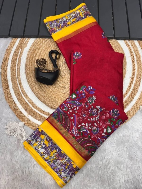 Appealing Red Digital Printed Dola Silk Saree With Desiring Blouse Piece