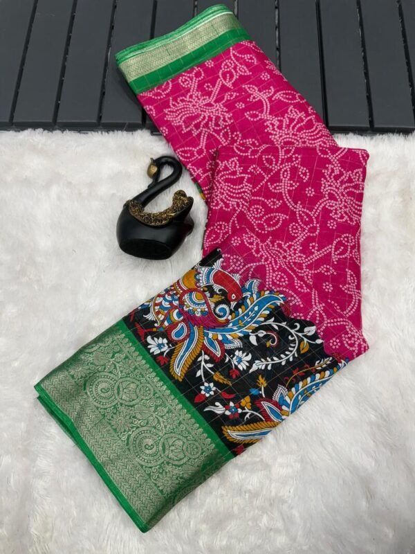 Vestigial Dark Pink Digital Printed Dola Silk Saree With Serendipity Blouse Piece
