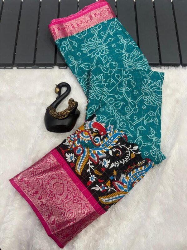 Gossamer Rama Digital Printed Dola Silk Saree With Forbearance Blouse Piece