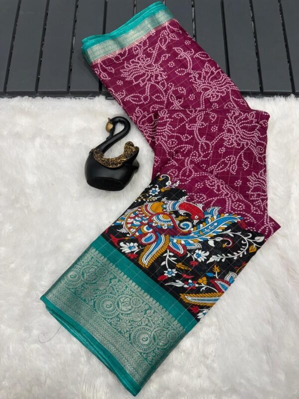 Evanescent Wine Digital Printed Dola Silk Saree With Desuetude Blouse Piece