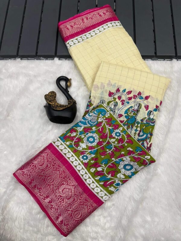 Brood Beige Digital Printed Dola Silk Saree With Excellent Blouse Piece