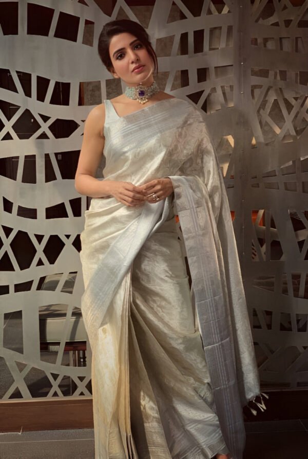Classy Style Silver Soft Tissue Silk Saree With Pretty Blouse Piece