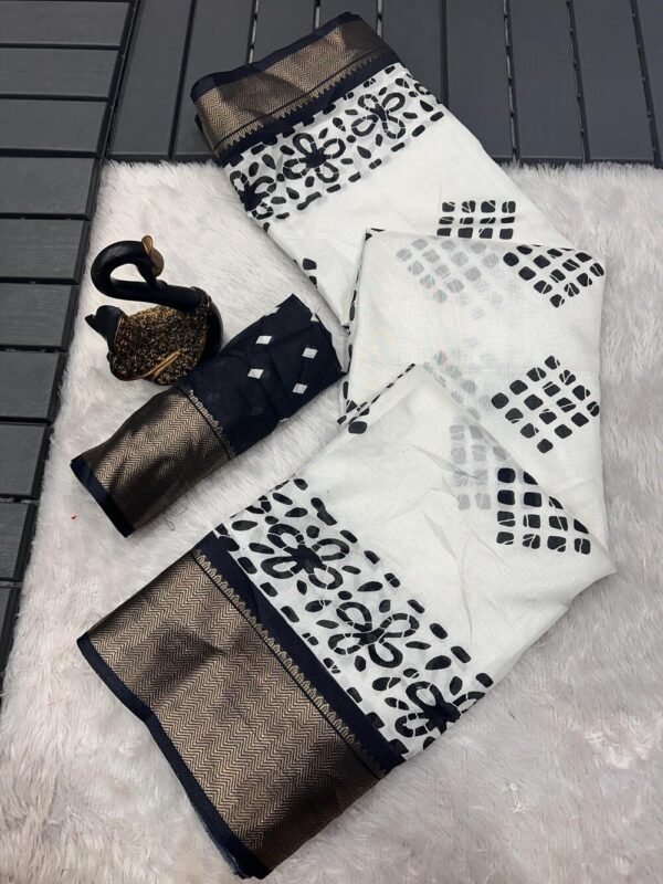 Beleaguer Off White Digital Printed Dola Silk Saree With Sensational Blouse Piece