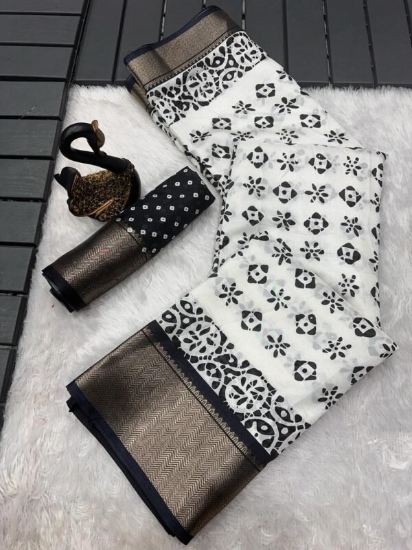 Ephemeral Off White Digital Printed Dola Silk Saree With Aplomb Blouse Piece