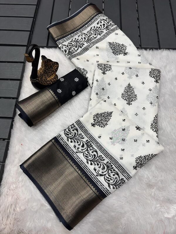Comely Off White Digital Printed Dola Silk Saree With Assemblage Blouse Piece