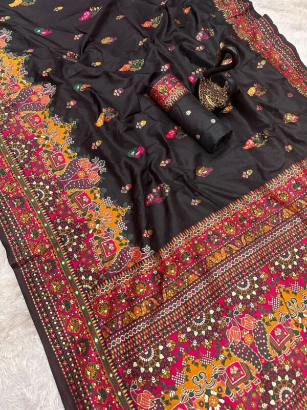 Evocative Black Pashmina Saree With Angelic Blouse Piece
