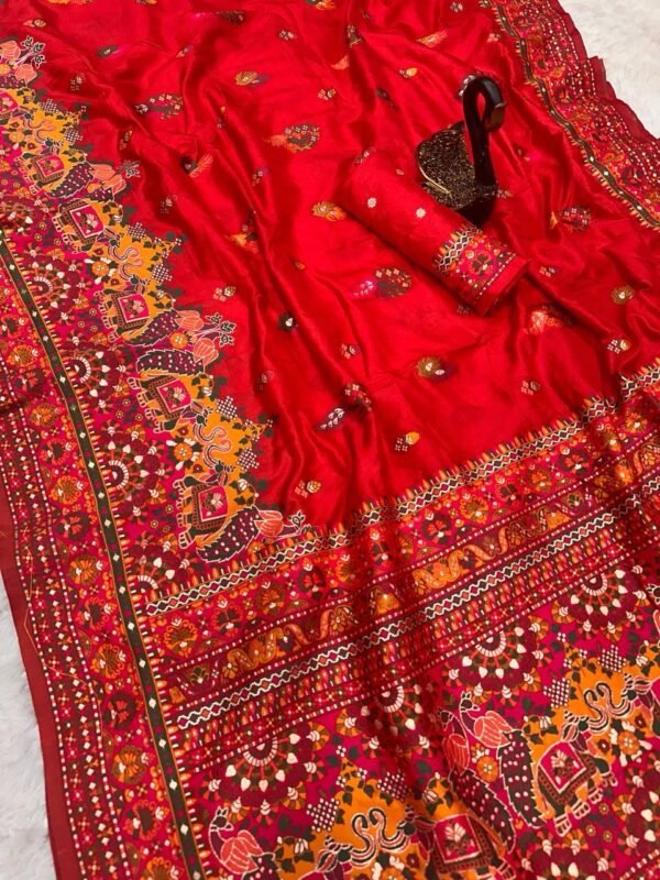 Nemesis Red Pashmina Saree With Chatoyant Blouse Piece