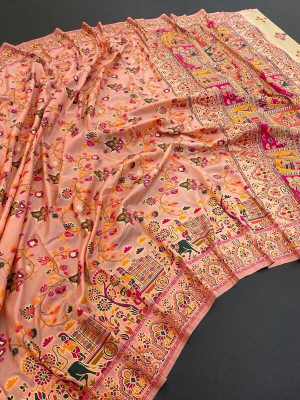 Embrocation Peach Pashmina Saree With Flameboyant Blouse Piece