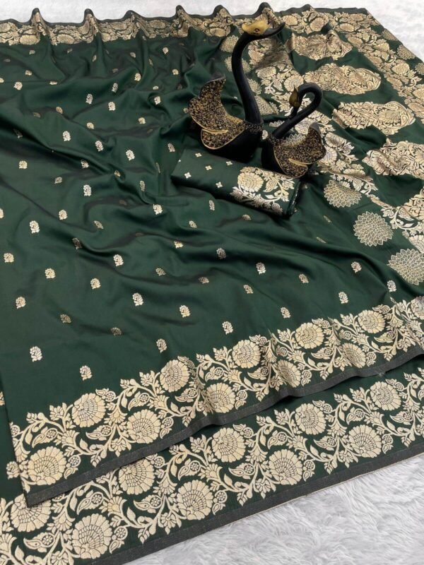 Ephemeral Dark Green Soft Banarasi Silk Saree With Grandiose Blouse Piece