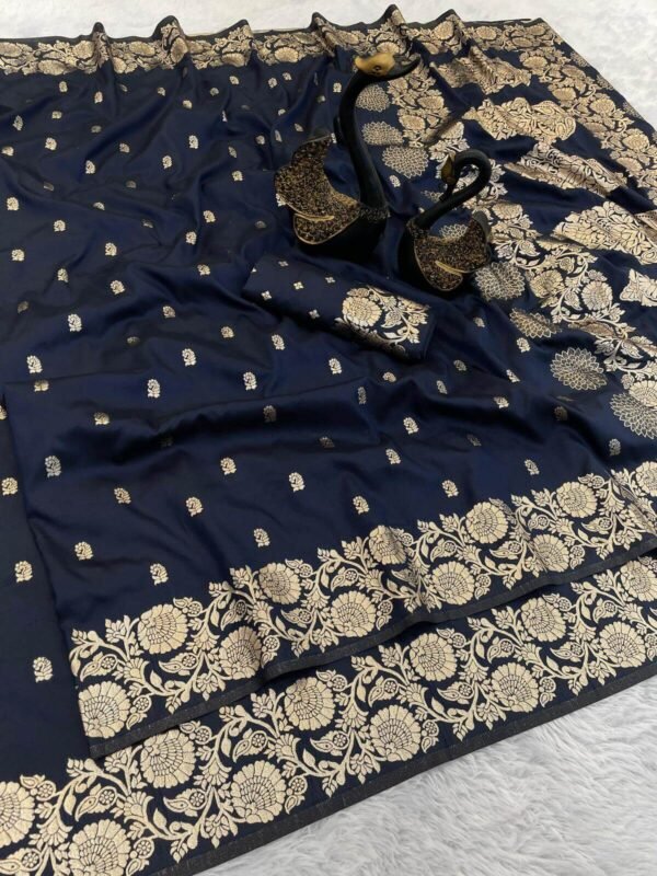 Flattering Navy Blue Soft Banarasi Silk Saree With Sempiternal Blouse Piece
