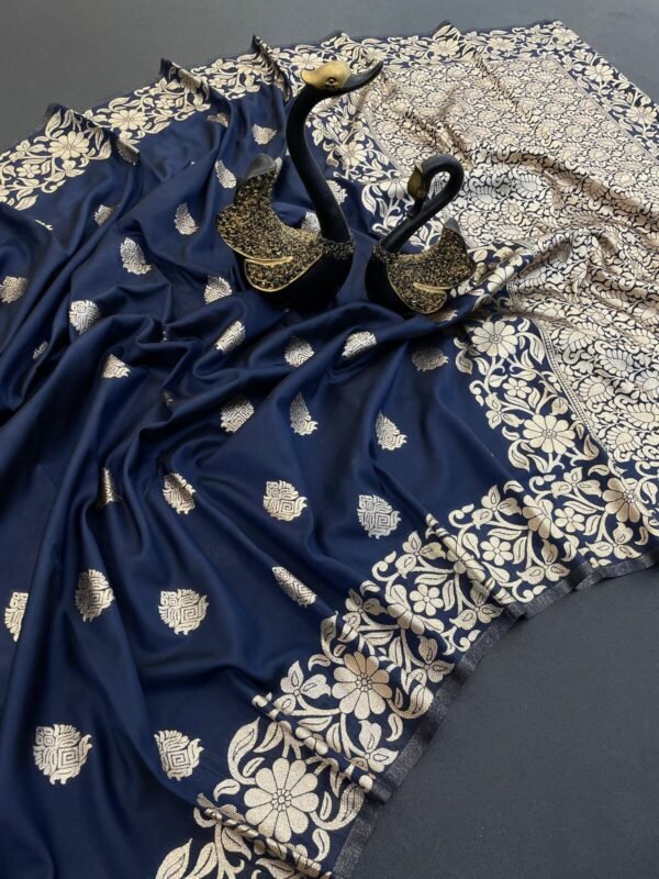 Profuse Navy Blue Soft Banarasi Silk Saree With Groovy Blouse Piece