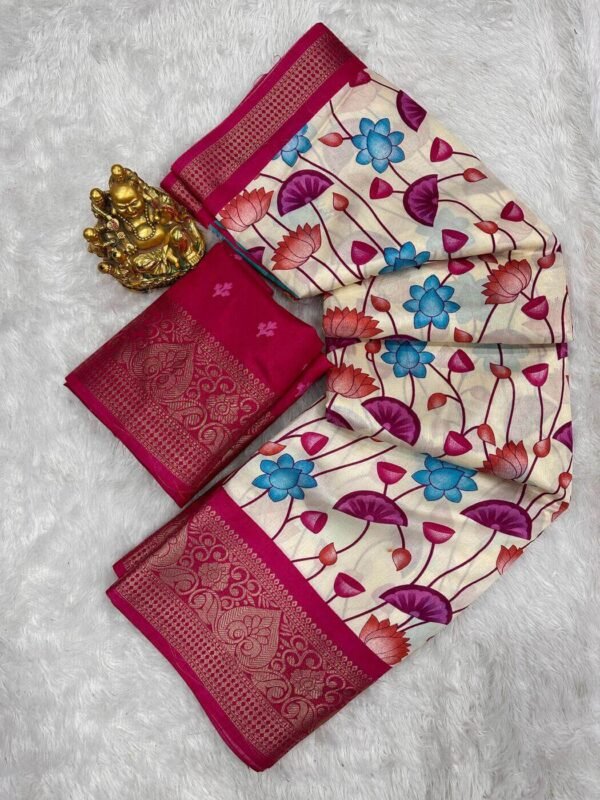 Opulent Beige Digital Printed Dola Silk Saree With Nebula Blouse Piece