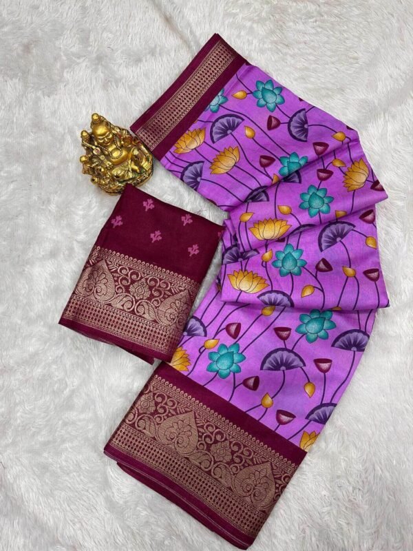 Smashing Lavender Digital Printed Dola Silk Saree With Assemblage Blouse Piece