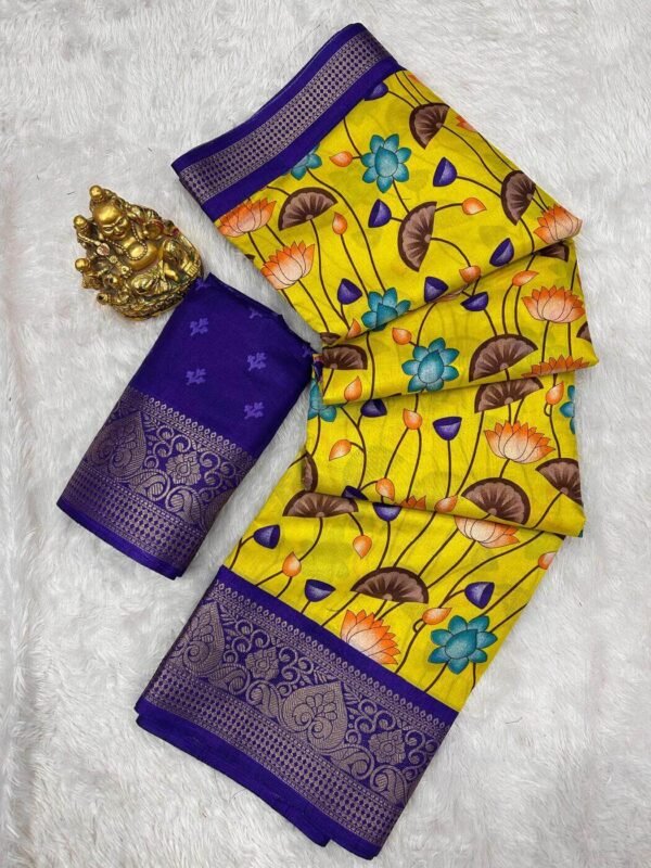 Appealing Yellow Digital Printed Dola Silk Saree With Diaphanous Blouse Piece