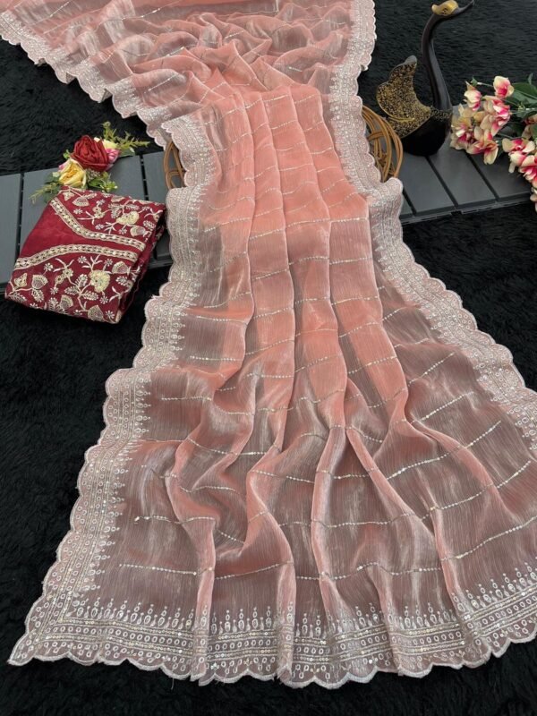 Sumptuous Peach Embroidery Work Organza Silk Saree With Forbearance Blouse Piece