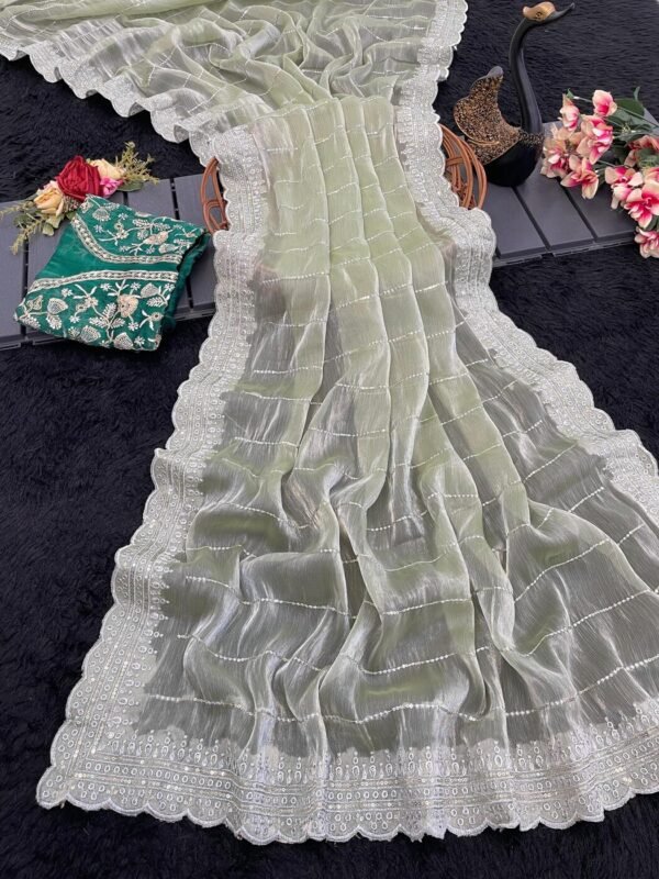 Sensational Pista Embroidery Work Organza Silk Saree With Bucolic Blouse Piece