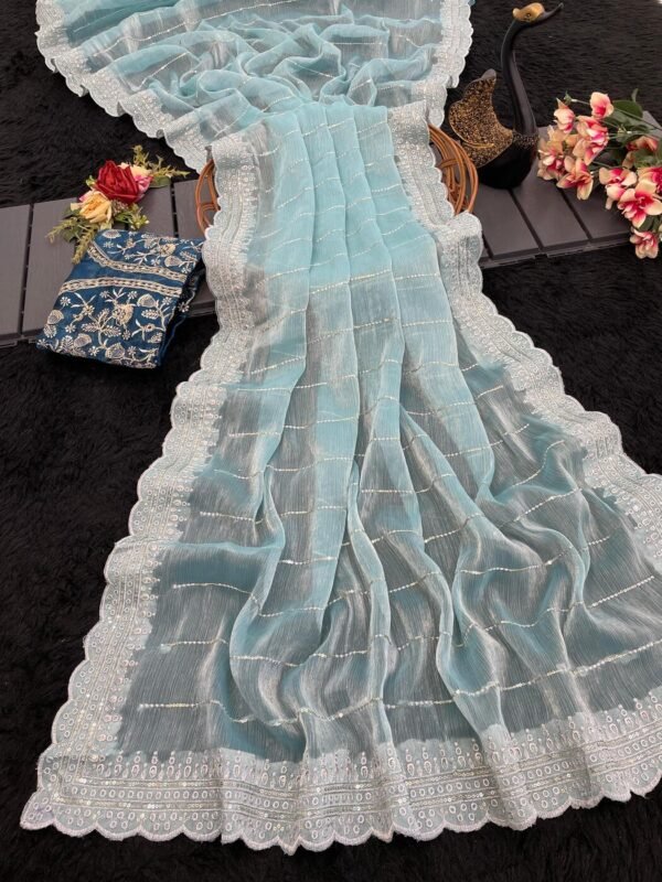 Transcendent Sky Embroidery Work Organza Silk Saree With Snappy Blouse Piece