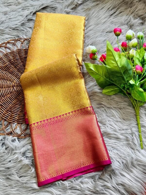 Eloquence Style Golden Soft Tissue Silk Saree With Bucolic Blouse Piece