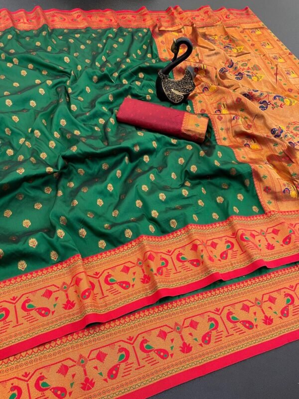 Alluring Dark Green Paithani Silk Saree With Grandiose Blouse Piece