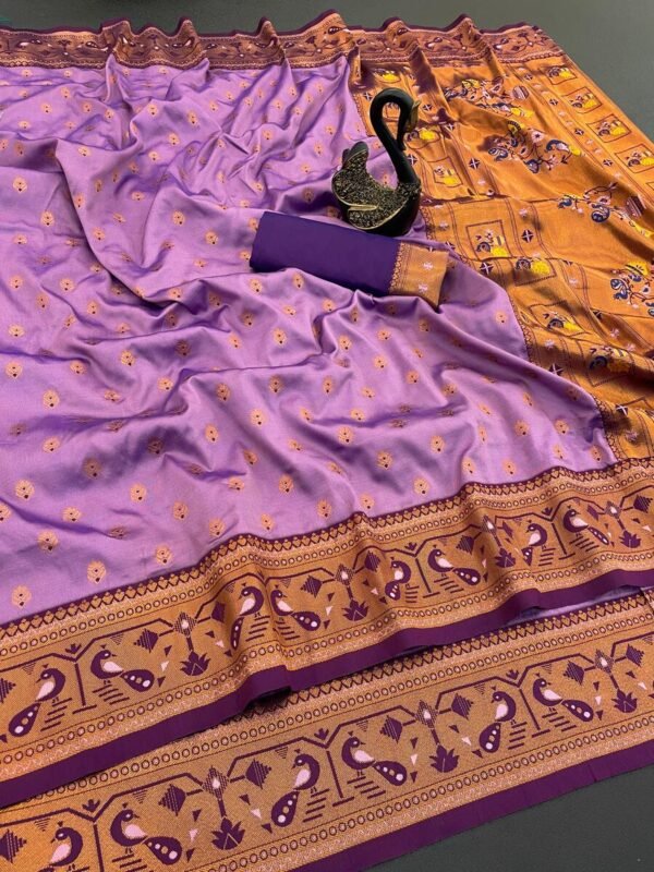 Intricate Lavender Paithani Silk Saree With Girlish Blouse Piece