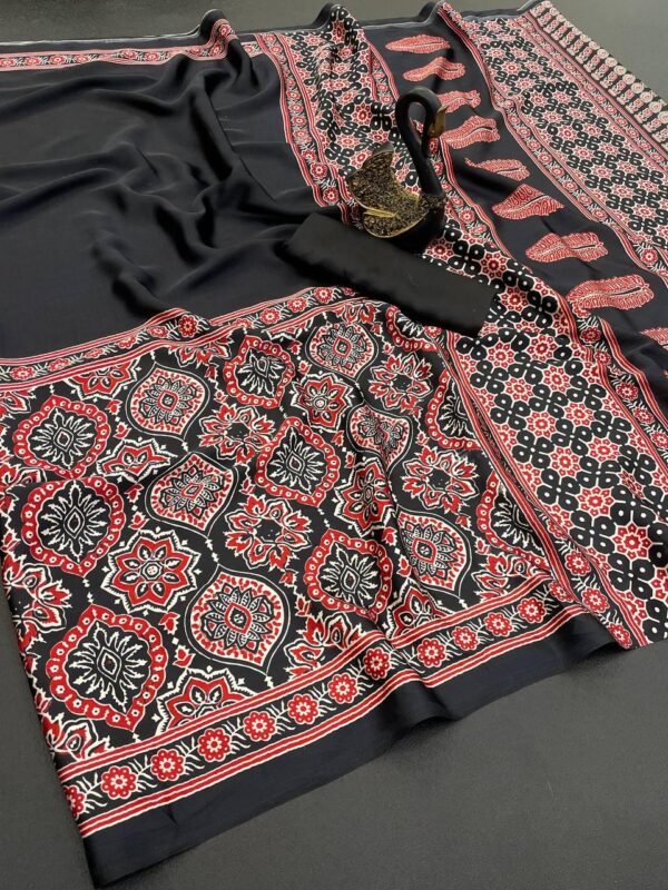Surreptitious Black Ajrak Printed Soft Silk Saree With Resplendent Blouse Piece