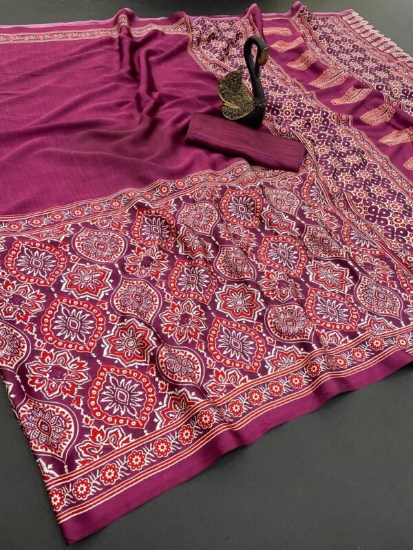 Denouement Purple Ajrak Printed Soft Silk Saree With Bewitching Blouse Piece