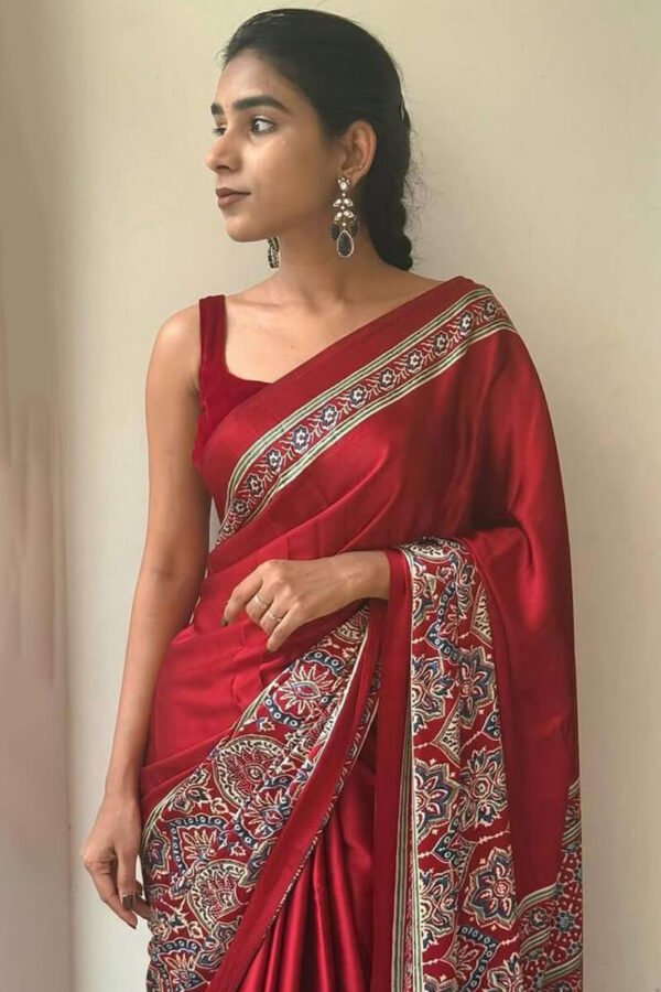 Smart Red Ajrak Printed Soft Silk Saree With Ethereal Blouse Piece